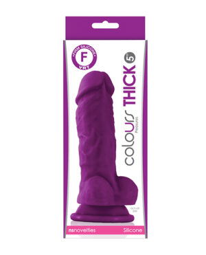 Colours Thick Silicone Dildo::A vibrant purple silicone dildo packaged prominently, showcasing its realistic design and firm texture.