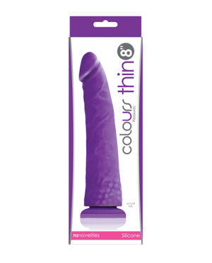 A sleek purple silicone dildo package showcasing its design and features.