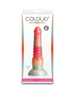 Vibrant liquid silicone dildo packaged with a design featuring various colors, showcasing its actual size.