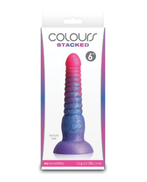 Packaging design for a 6-inch liquid silicone dildo featuring a gradient color scheme in pink and blue with textured details.