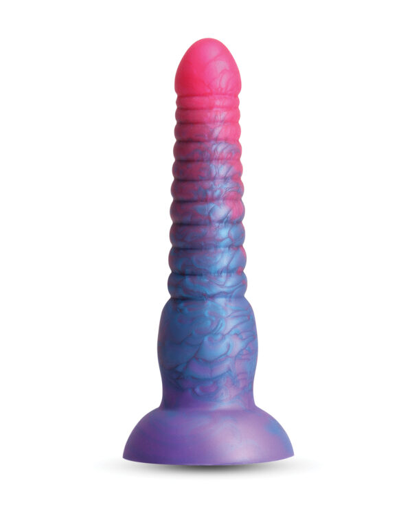 A vibrant silicone dildo featuring a pink and blue gradient with textured ridges and a flared base for stability.