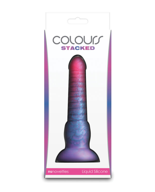 A vibrant stacked silicone adult toy featuring a textured surface, displayed in its packaging.