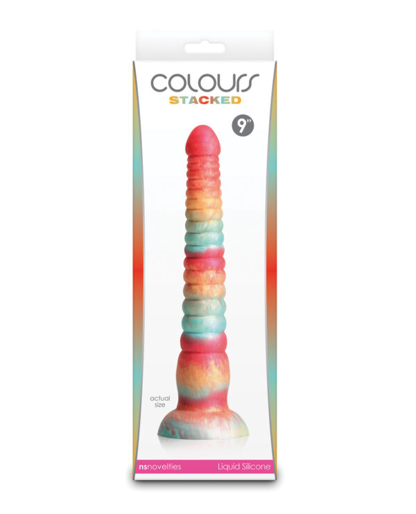 A vibrant 9-inch dildo in a gradient of colors, packaged for display with clear labeling and size information.