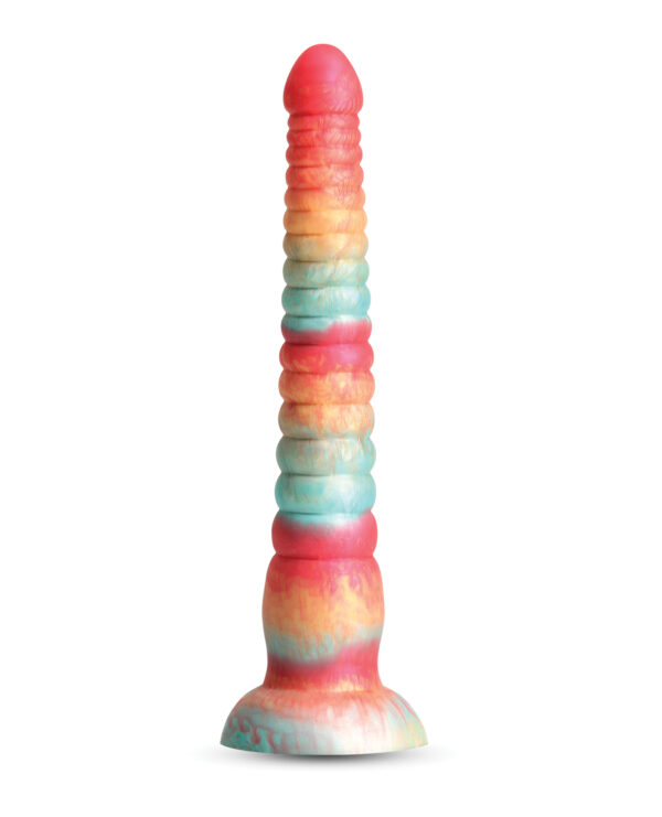 A vibrant silicone dildo with a textured surface and a tapered tip, featuring a swirling blend of red, orange, yellow, and blue colors.