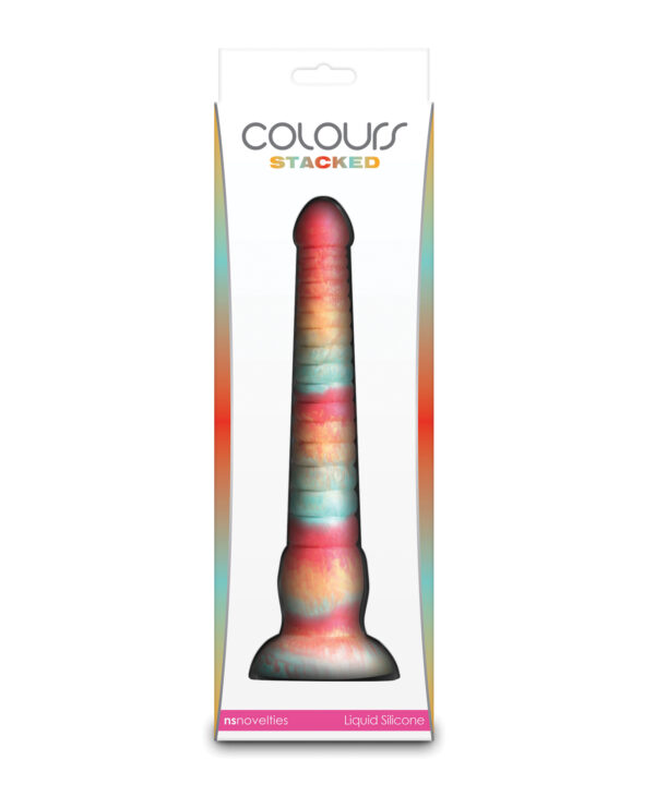 Vibrant packaging for a liquid silicone dildo, showcasing a unique stacked design with a blend of colors.