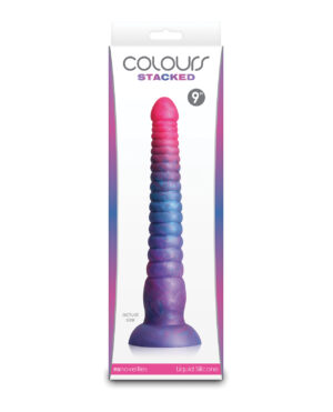 A 9-inch liquid silicone dildo with a ribbed design, displayed in attractive packaging featuring a gradient of pink and blue colors.