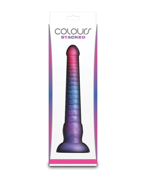 Colourful Stacked Dildo:::"A vibrant, multi-colored dildo packaged in a sleek design, featuring curved lines and a suction base for versatile use."