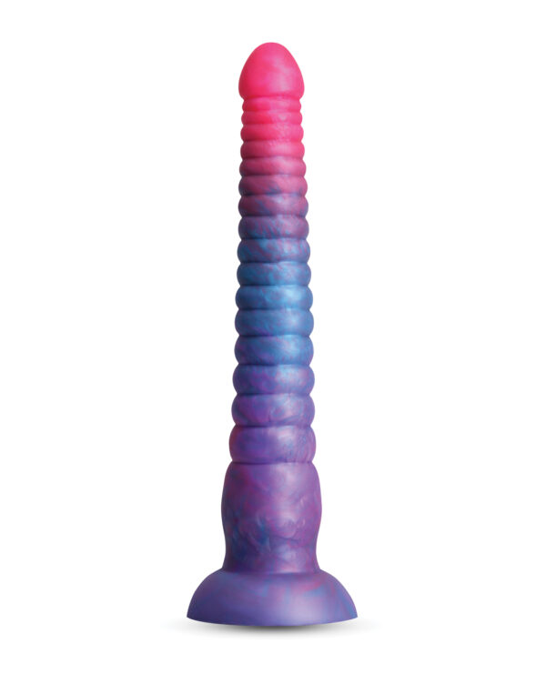 A vibrant, swirled silicone dildo in shades of pink and blue, featuring a ribbed texture and a flared base for stability.