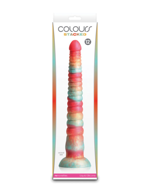 A vibrant, multi-colored silicone dildo displayed in its packaging, highlighting its unique design and material.