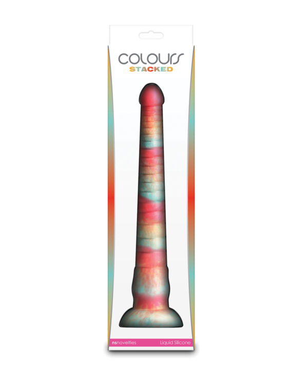 A vibrant, multi-colored silicone dildo displayed in its packaging, featuring a smooth texture and tapered head.