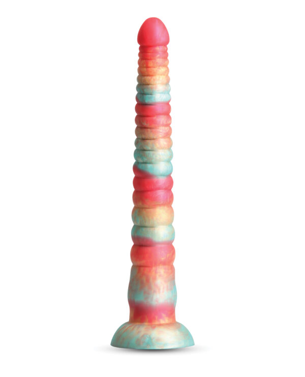 A vibrant, multi-colored dildo featuring a ribbed texture and a flared base, set against a white background.