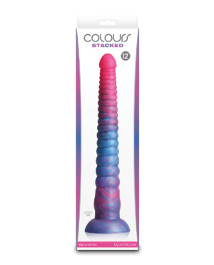 A vibrant, multi-colored silicone dildo displayed in packaging, featuring a textured surface and an "actual size" label.