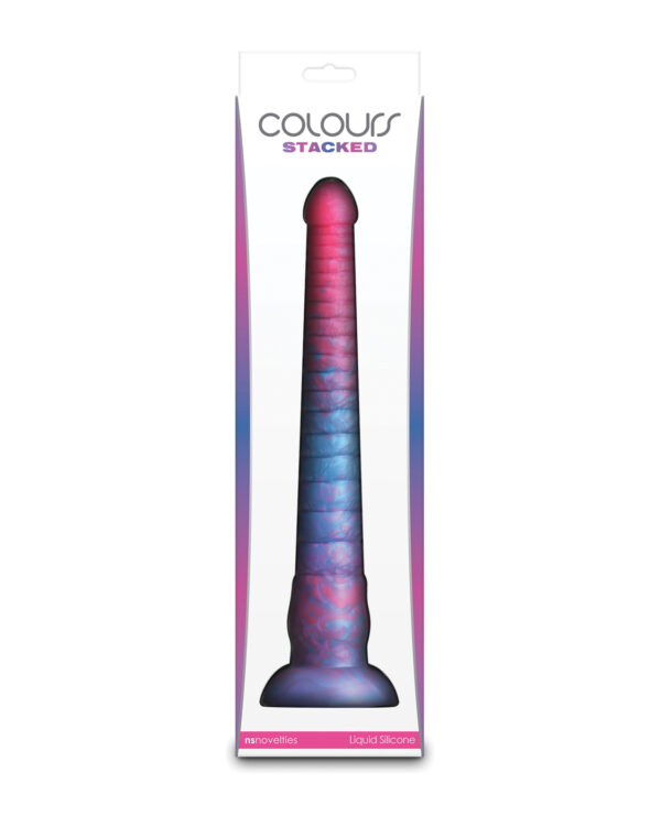 A vibrant, liquid silicone dildo in a gradient of pink and blue, presented in sleek packaging labeled "Colourss Stacked."