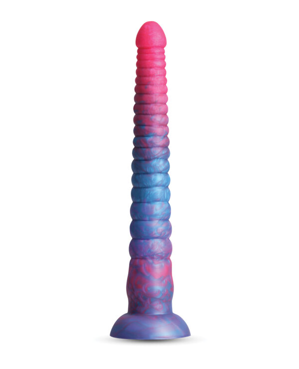 A vividly colored silicone dildo featuring a spiral texture, transitioning from pink to blue, designed for enhanced stimulation.