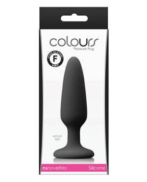 Packaging of a black silicone pleasure plug labeled with "actual size" and featuring a modern design.