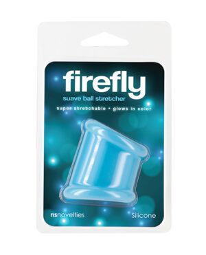 Packaging for a "firefly suave ball stretcher" by ns novelties, a silicone product that is super stretchable and glows in color, displayed against a blue background with light effects.