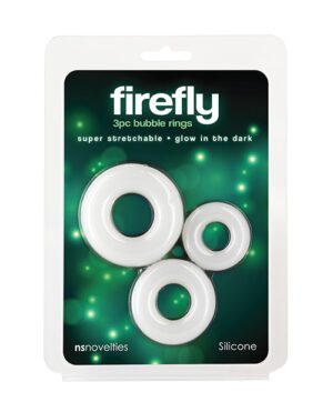 A package of Firefly 3-piece bubble rings that are super stretchable and glow in the dark, placed on a green background with light spots, indicating the glow-in-the-dark feature.
