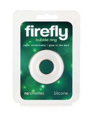 Packaging of a Firefly bubble ring made by nsnovelties, which is super stretchable and glows in the dark, displayed on a green background.