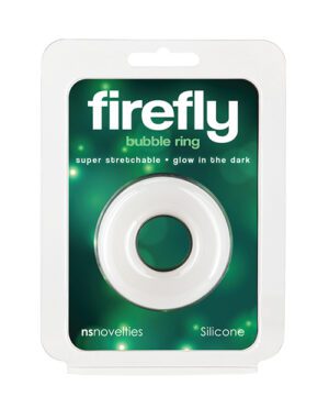 Packaging for a "firefly bubble ring" which is labeled as super stretchable and glow in the dark, made by ns novelties and crafted from silicone. The product and package are predominantly white and green.