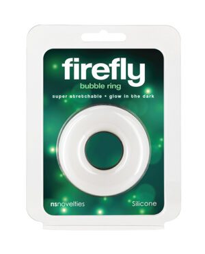 White and green packaging for a "Firefly bubble ring" that is super stretchable and glows in the dark, made from silicone by ns novelties. The product is prominently displayed in the center of the packaging.