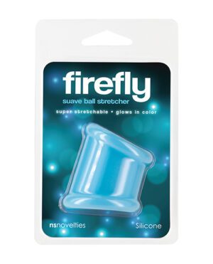 Product packaging for "Firefly suave ball stretcher" by ns novelties, highlighting features such as super stretchable and glows in color, made from silicone.