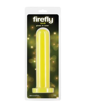 Packaging for a "Firefly Thrill" product that glows in color, displayed in front of a whimsical background with light sparkles.