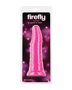 A pink adult novelty toy named "firefly nymph" which glows in color, packaged in a white box with product details.