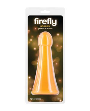 Product packaging for a "Firefly Phoenix" glow-in-the-dark item displayed in a blister pack with a sparkling background effect.
