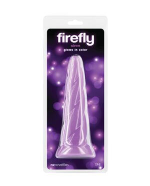 Packaging for a Firefly Siren glow-in-the-dark product by ns novelties, displayed against a purplish background with light orbs.