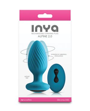 Packaging for the "INYA Rechargeable Gyrating Plug Alpine 2.0" showing the blue plug and its matching remote control, with labels indicating gyrating and vibrating stimulation features.