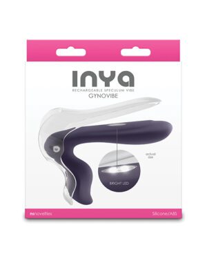 Packaging for a product labeled 'INYA Rechargeable Speculum Vibe Gynovibe' with a clear window displaying a medical-themed intimate device, featuring a bright LED spotlight and made from silicone/ABS materials.