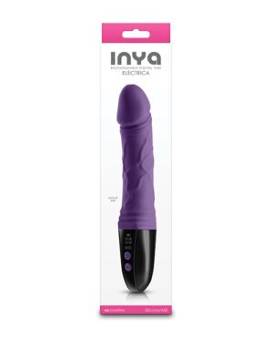 Product packaging for INYA Rechargeable Electrical Vibe, featuring a purple silicone personal massager with a black handle and control buttons, displayed in a white box with pink and black accents.