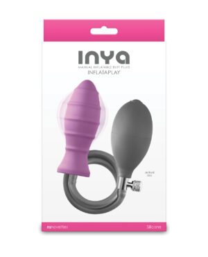 Packaging for a manual inflatable butt plug in purple silicone with a squeeze pump for adjustment.