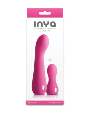 Packaging design featuring a two-piece rechargeable vibrator kit in bright pink, highlighting actual size of the products.