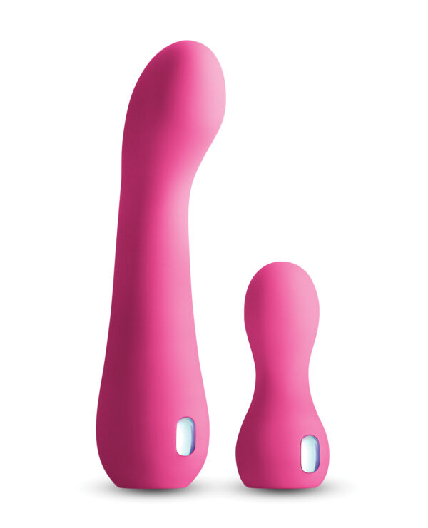 Two smooth, vibrant pink silicone massagers of varying sizes, designed for personal wellness and relaxation.