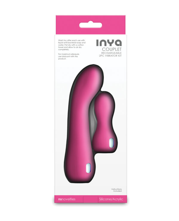 Packaging for a pink rechargeable vibrator kit featuring two pieces, with care instructions and product materials displayed on a white background.