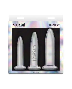 Three glass items displayed in a stylish packaging labeled "Crystal Premium Glass Trainer Kit" with an iridescent design.