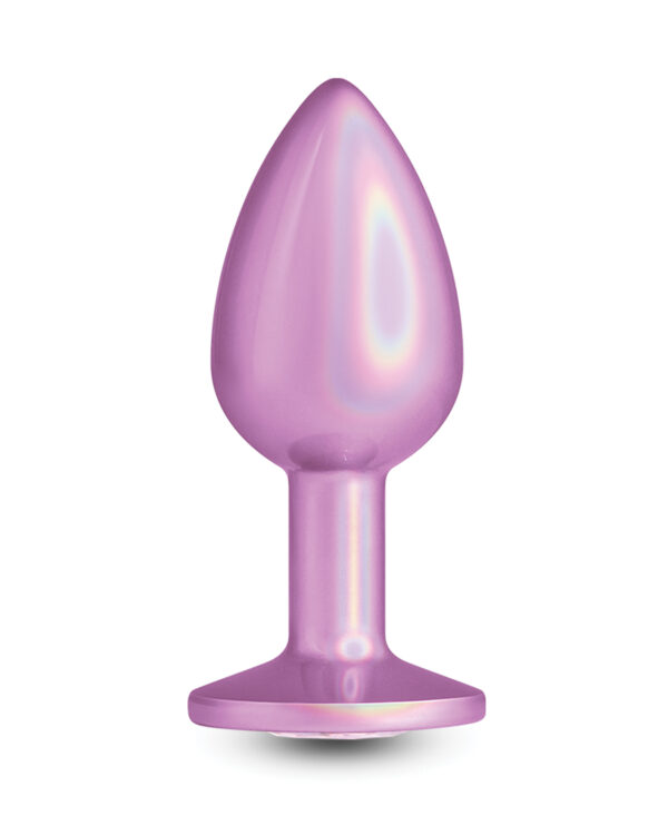 A reflective, cone-shaped purple silicone anal plug with a wide base for safety and stability.