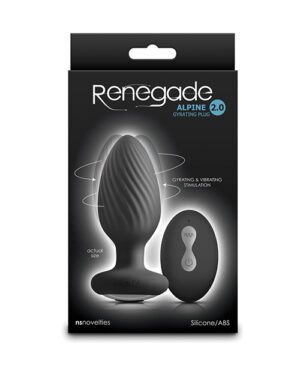 Product packaging for "Renegade Alpine 2.0 Gyrating Plug" showing an adult toy and its remote control, with indications of actual size, gyrating and vibrating features, and material composition of silicone/ABS.