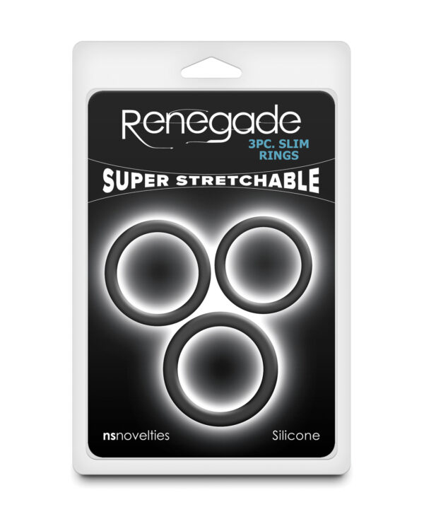 Packaging of three slim silicone rings for adult use, featuring a black and white design with bold text.