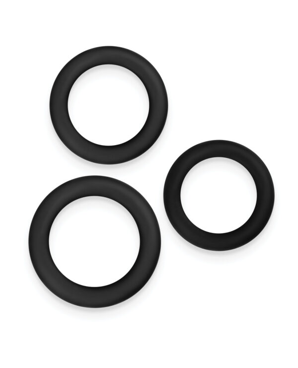 Three black circular rings of varying sizes, arranged on a white background.