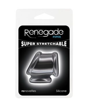 Packaging for a "Renegade Piper Super Stretchable" product by "nsnovelties" made from silicone, displayed on a white background.