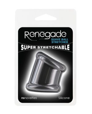 Product packaging for "Renegade Suave Ball Stretcher" indicating that the item is super stretchable and made from silicone by ns novelties.