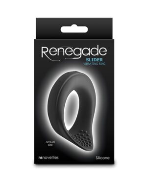 A product packaging for a Renegade Slider Vibrating Ring made of silicone, with an image of the black ring against a dark background, labeled as 'actual size'.