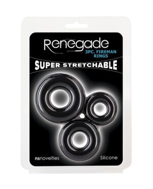 Packaging for Renegade 3-piece Fireman Rings, labeled 'Super Stretchable', by NS Novelties, made of silicone.