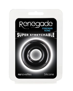 Packaging for a "Renegade Fireman Ring" described as "Super Stretchable," made from silicone by ns novelties.