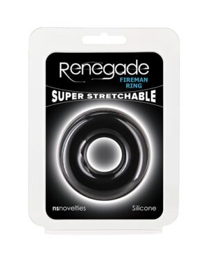 A product package for a "Renegade Fireman Ring" with the label "Super Stretchable" by ns novelties, made of silicone, displayed on a hanging retail card.