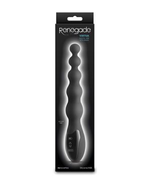 Product packaging for a Renegade Virtua adult toy displayed against a black background, highlighting its shape and design features.