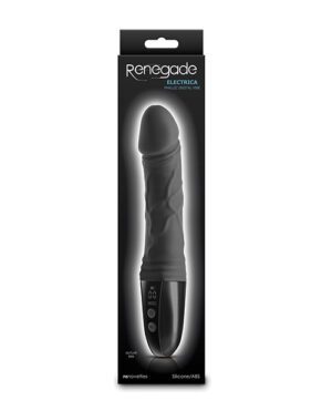 This is an image of a product packaging for the "Renegade Electrıca" from the brand NS Novelties, featuring a silicone/ABS adult toy prominently displayed in the front, with a black and grey color scheme.