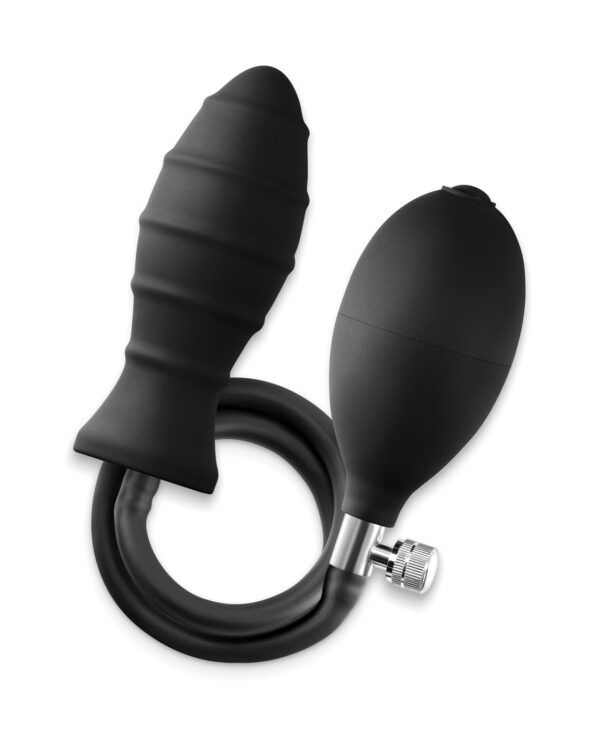 A close-up view of a black inflatable toy designed for personal enjoyment, featuring a textured end and a connected air pump for adjustable comfort.